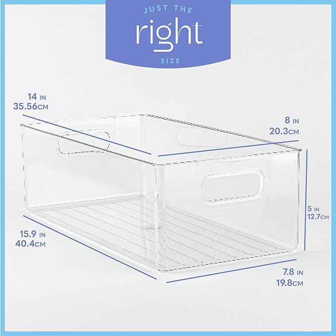 primebox Plastic Food Storage 2 Pack Clear Container Bin with Handles for Organizing Kitchen, Pantry, Refrigerator, Freezer, Pantry, Cabinet, Closet, Bathroom. 14”x8”x5”