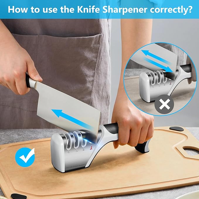 4-in-1 knife sharpener [4 stages], original quality polishing blade, the best kitchen tool for paring knives, steel knives and scissors - including a pair of anti-cutting gloves