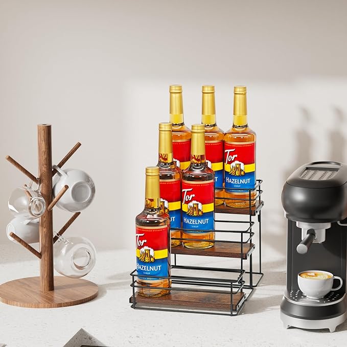 9 Bottle Coffee Syrup Organizer Rack, 3 Tier Coffee Syrup Bottle Stand Holder for Coffee Bar, Installation-free, Liquor Bottle Display Shelf, Coffee Syrup Shelf for Liquor Whiskey Wine Display