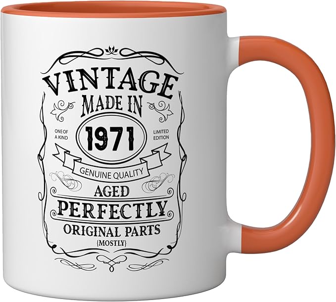 54th birthday, retro Vintage Design, man, woman 1971 Ceramic Mug, Orange/White