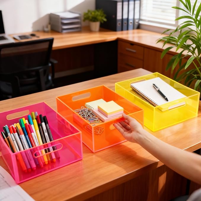 Large Storage Bin Acrylic Pantry Storage Container with Handles Kitchen Organizer Bin for Cabinet Cupboard Organization, Heavy Duty, 15.4 x 11.4 x 5.5'', Neon Yellow