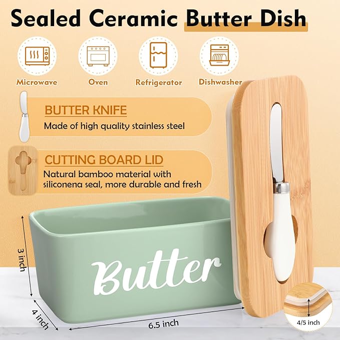 Hushee Metal Bread Box and Butter Dish with Bamboo Cutting Board Lid and Knife Bread Storage Container Breadbox for Kitchen Counter Butter Organizer for Kitchen Countertop Decoration(Sage Green)