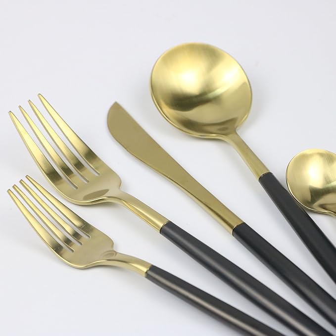 Customized 5-Piece 18/10 Stainless Steel Flatware Set, Serive for 1, With Fork Spoons Knife Teaspoon Dessert Fork for Home Kitchen Restaurant Hotel (Black + Gold)