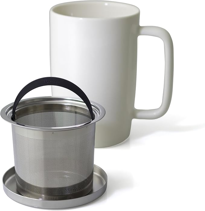 FORLIFE Dew Glossy Finish Brew-In-Mug with Basket Infuser & "Mirror" Stainless Lid 18 oz., White
