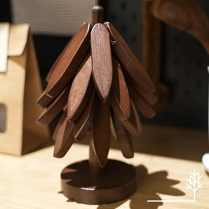 Artisanal Wooden Coasters Trivets Set – Foldable Wooden Tree Trivet with 4 Coasters & Stand – Heat Resistant Hot Plate Holder & Kitchen Accessories for Dining Table