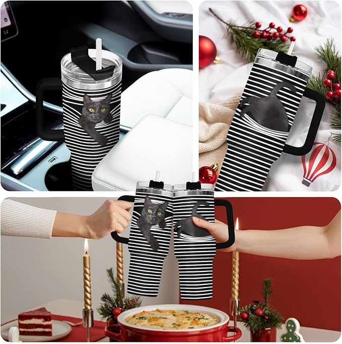 34HD Black Cat Tumbler with Handle and Straw, 40 oz Stainless Steel Vacuum Insulated Hide and Seek Mug Kitty, Cat Gifts for Men Women Mothers Day Birthday Christmas
