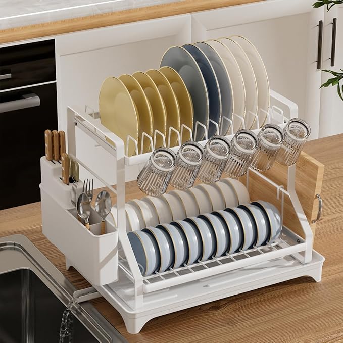2-Tier Dish Drying Rack, White Metal Large, Space Saving Countertop Mount with Drainboard, Utensil Holder, 16.5x12.7x13.3 Inches