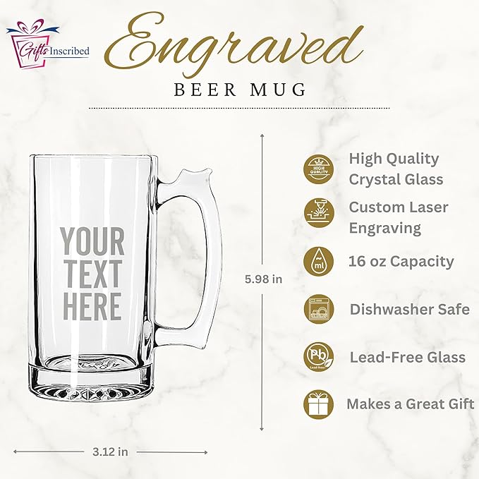Gifts Inscribed Personalized Beer Mug 16 oz Engraved Beer Glass with Custom Text - Customized Drinkware - Unique Gift for Dad, Husband, Birthday, Wedding, Anniversary, Father's Day