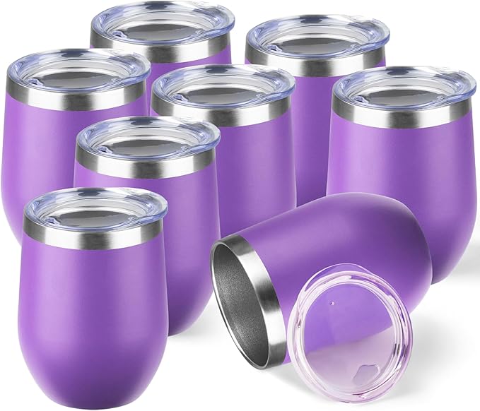 StarSpeed 12oz/8 Pack Wine Tumbler with lid, Stainless Steel Travel Mugs Stemless Double Wall Insulated Coffee Cup, Insulated Wine Glasses Travel Tumbler for Cold & Hot Drinks(Purple, 8)