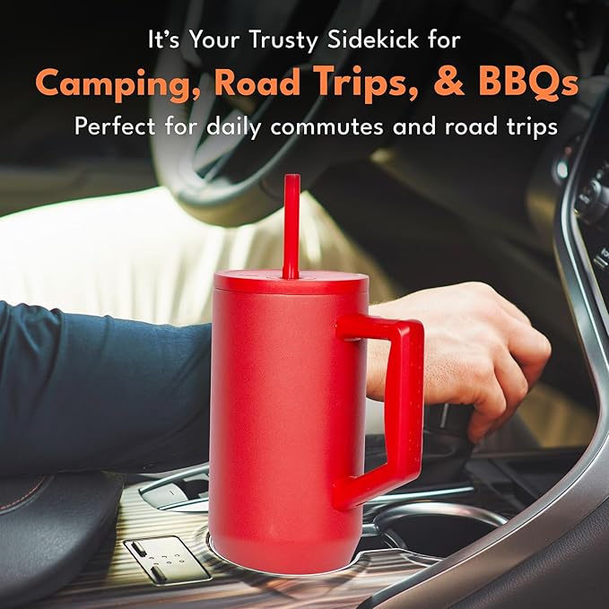 Elemental 40 oz Tumbler with Handle and Straw - Spill Proof Insulated Stainless Steel Commuter for Hot and Cold Beverages - Travel Coffee Mug with 2 Straws & Spill Proof Lid - 40oz - Red