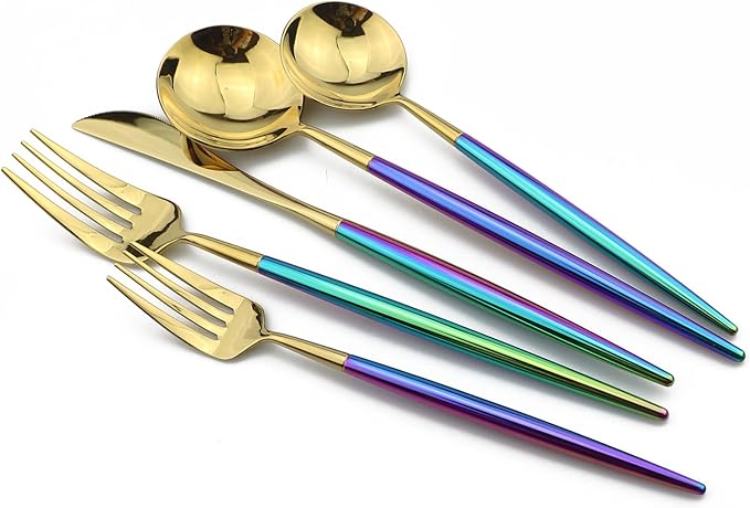 20-Piece Coloful Rainbow Handle Gold Flatware Set, Mirror 18/10 Stainless Steel, Service for 4