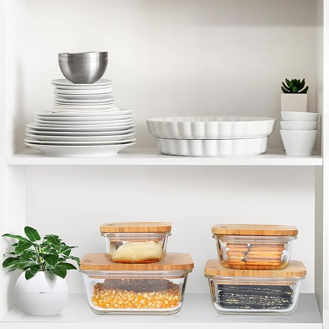 DE Glass Food Storage Containers with Bamboo Lids – 4 Pack (12oz/21oz/35oz/51oz) – BPA-Free Borosilicate Glass Meal Prep Boxes – Oven, Microwave, Freezer Safe – Stackable & Airtight