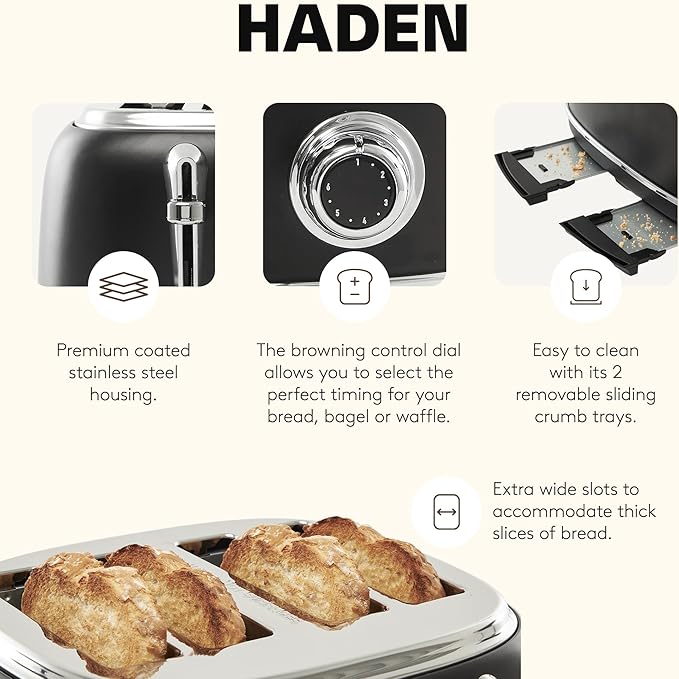 Haden Heritage 4 Slice Wide Slot Stainless Steel Toaster with Adjustable Browning Control & Non-Slip Feet, Black & Chrome