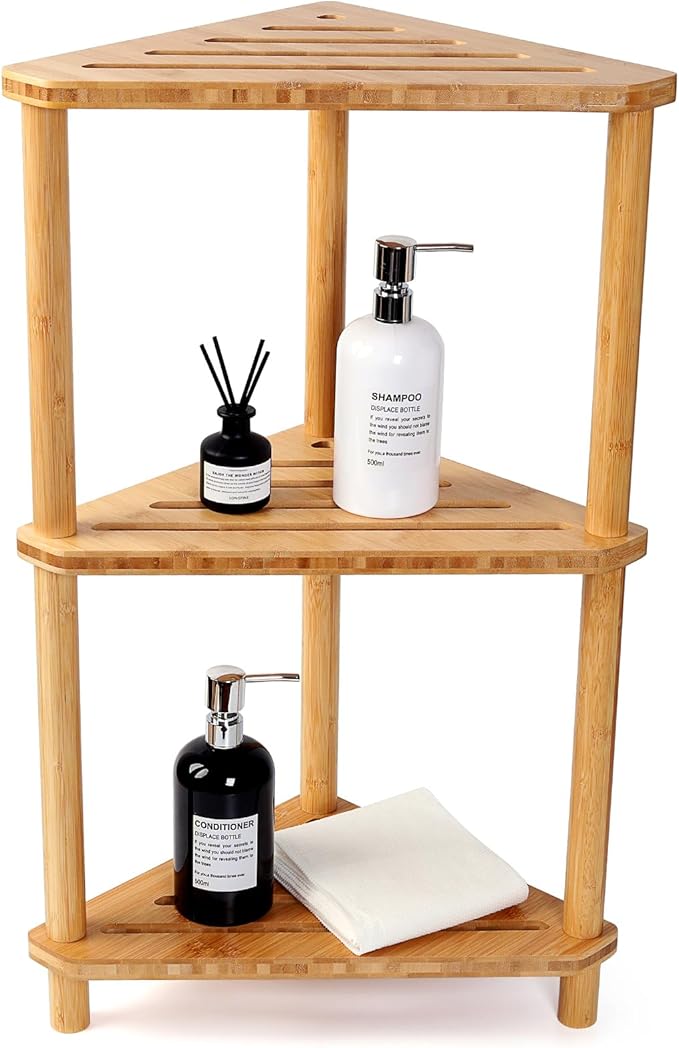 Bamboo Corner Shower Caddy Stand 3-Tier Waterproof,Free Standing Corner Shelf Shower Stool Organizer for Inside Shower,Space-Saving Storage Shelf with Anti-Slip Feet