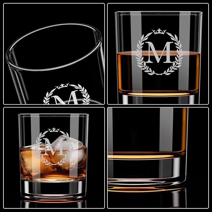 Personalized Whiskey Glasses Gifts for Men, Monogrammed Engraved A-Z 10.6 oz Rocks Glass Customized Gift, Unique Christmas Birthday Gifts for Men Him Dad Husband Brother Son (M)