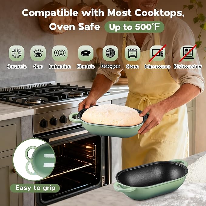Onader Enameled Cast Iron Dutch Oven, 2.8QT Dutch Oven Pot with Lid for Sourdough Bread Baking, Oval Meatloaf Pan, Heavy Duty - Pistachio Green