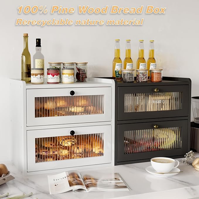 Double Layer Large Bread Box for Kitchen Counter, Wooden Corner Bread Storage Container with Acrylic Window, White