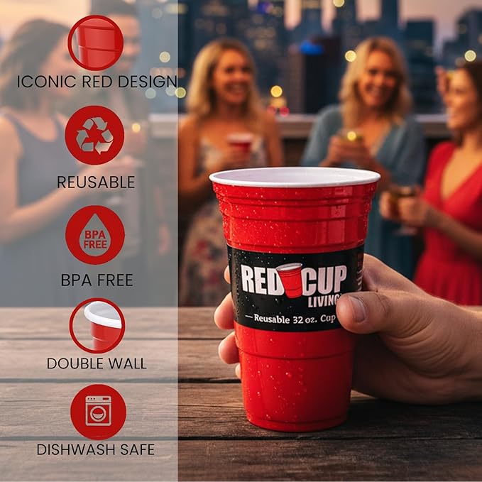 Red Cup Living 32Oz Tumbler Cup Pack of 2, Insulated Reusable Plastic Drinking Glass for Hot & Cold Drinks, Beer Stein, Travel Mug, Party Cup, Holiday Gift, Christmas Decor Thanksgiving Gift Hamper
