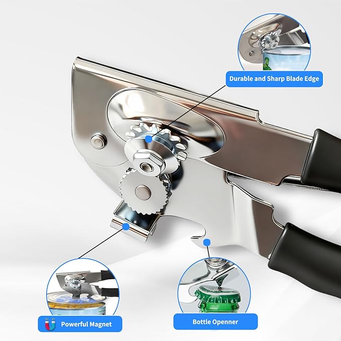Crank Can Opener Manual，Heavy Duty for Seniors with Ergonomic Soft Grip Handles and Magnetic Lid Lifter for Large Cans,Stainless Steel, Black