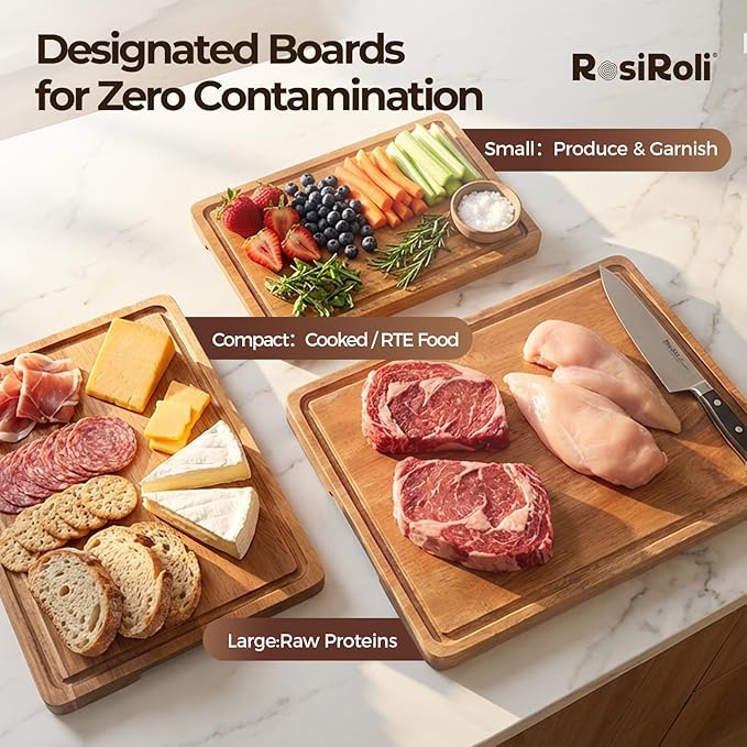 Acacia Wood Cutting Board for Kitchen, 3 Set with Holder - FSC Certified Large Wood Charcuterie Cheese Board with Handles and Juice Grooves, Wooden Chopping Block, Ideal Gift Set of 3 (S/M/L)