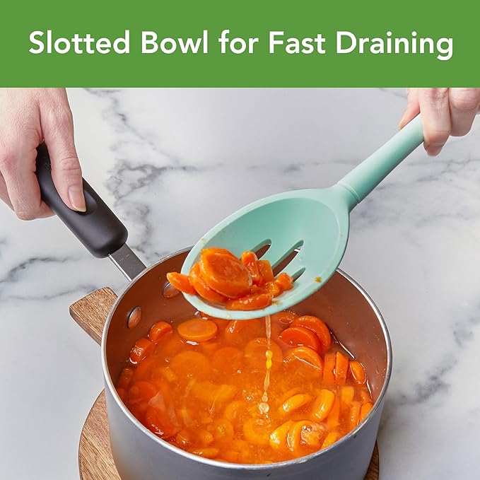 Tovolo Flex-Core Non-Stick All Silicone Slotted Deep Spoon Kitchen Utensil for Scooping and Serving – Heat-Resistant, Dishwasher Safe & BPA Free - Aqua