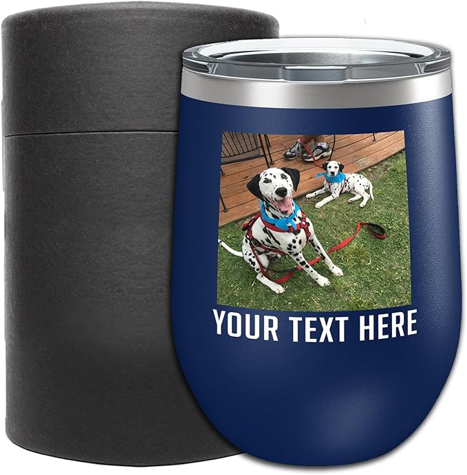 Personalized 12oz (17 Colors) Mother's Day Photo Picture Printed Insulated Stainless Steel Powder Coated Stemless Wine Tumbler with Lid, Customized Gift Idea Her, Coach Gifts Team Mom Dad (Navy Blue)