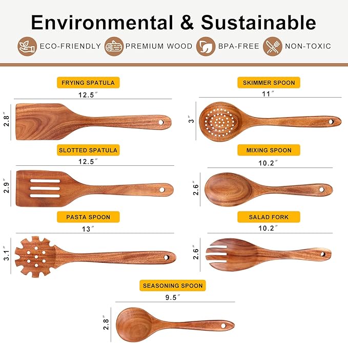 7 Pcs Teak Wood Kitchen Utensils Set Non Toxic BPA Free Cooking Tools with Spatula, Slotted Spatulas, Wooden Skimmer Spoons, Pasta Spoon, Mixing, Salad Fork & Spoons for Nonstick Cookware