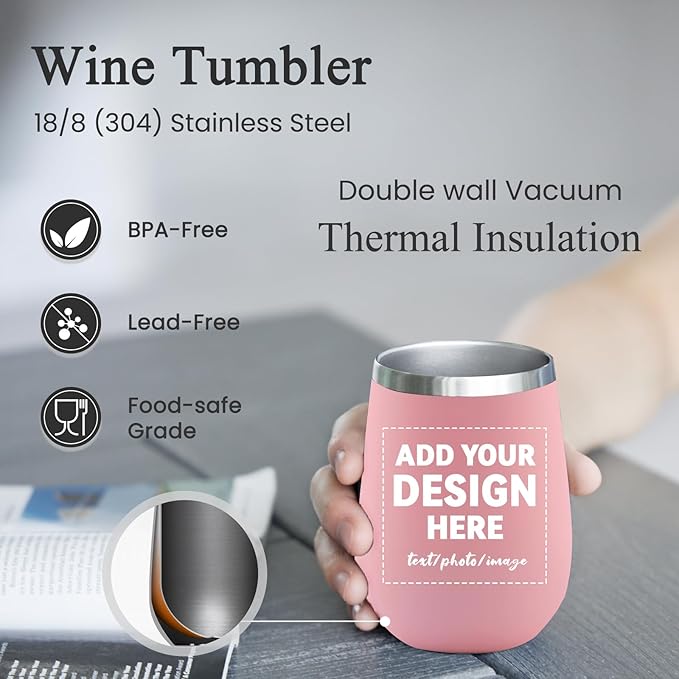 MEWAY Personalized Custom 12oz Wine Tumbler with Lid, Insulated Double Wall Vacuum Travel Tumbler Gifts with Text Photo Logo (Pink, 1pack)