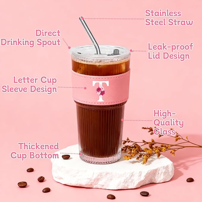 Personalized Gifts for Women,20oz Ribbed Glass Tumbler,Monogrammed Gifts for Women,Birthday Gift,Ice Coffee Mug,Christmas Gift for Mom Sister-T