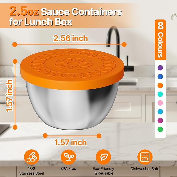 2.5 ozx 8 Pack Sauce Containers for Lunch Box,Salad Dressing Containers To Go,Small Stainless Steel Container with Silicone Lids,Picnics,Travel Meal Prep And Kitchen Storage