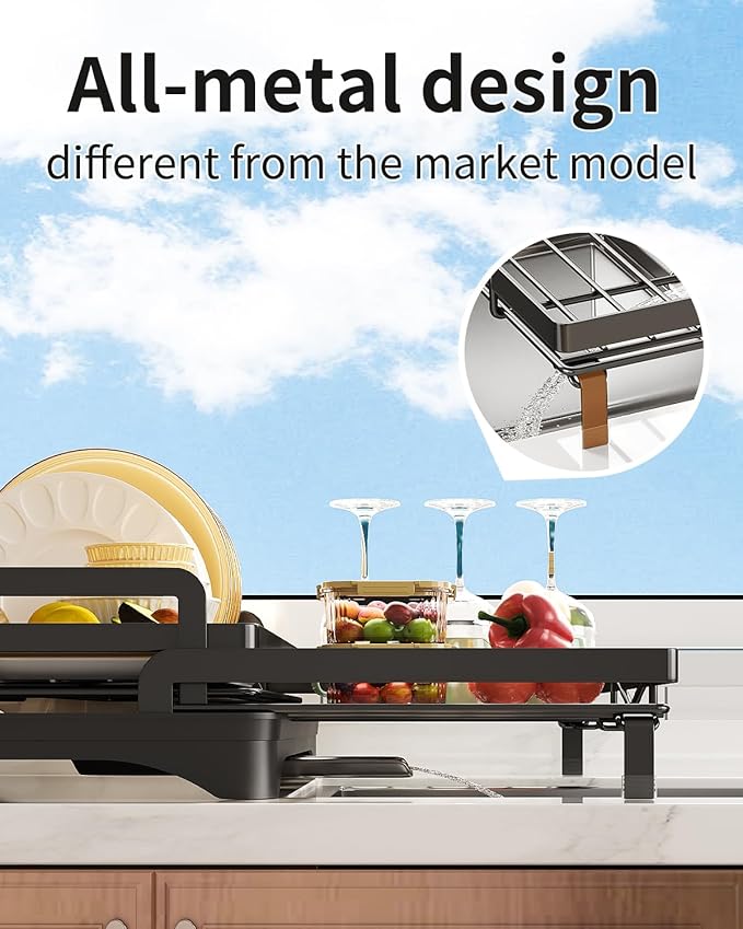 extendable Dish Drying Rack for Kitchen Counter,escurridor de platos,Metal Dish Strainer with Utensil Holder and Drainer (Black)