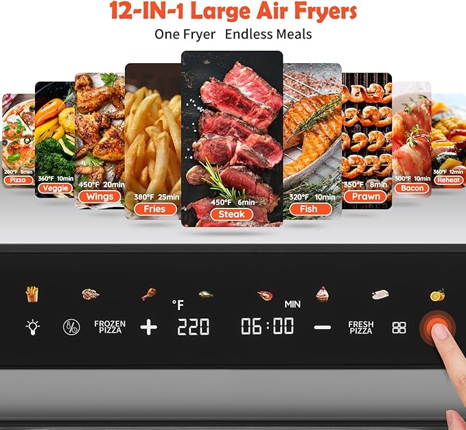 PULZO 7.4 Qt Digital Air Fryer, Large Family 13" Pizza Airfryer, One-Touch Presets, Dehydrate Function, 1650W Fast Heating, 170°F–450°F Precise Temp Control, Nonstick Basket, Dishwasher Safe
