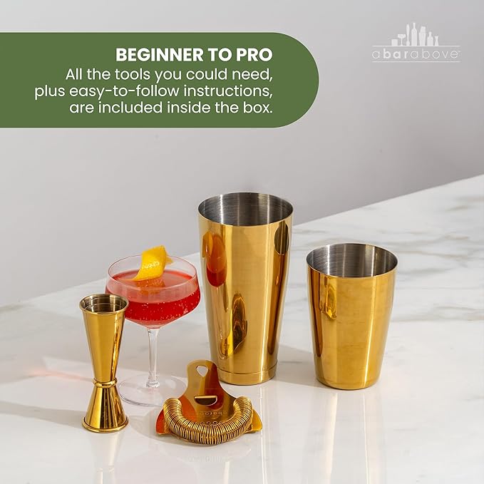 A Bar Above Cocktail Shaker Set, 4-Piece Professional Bartender Kit with Boston Shaker, Strainer, Jigger, and Bar Spoon, Stainless Steel Bar Accessories for Craft Cocktails, Gold