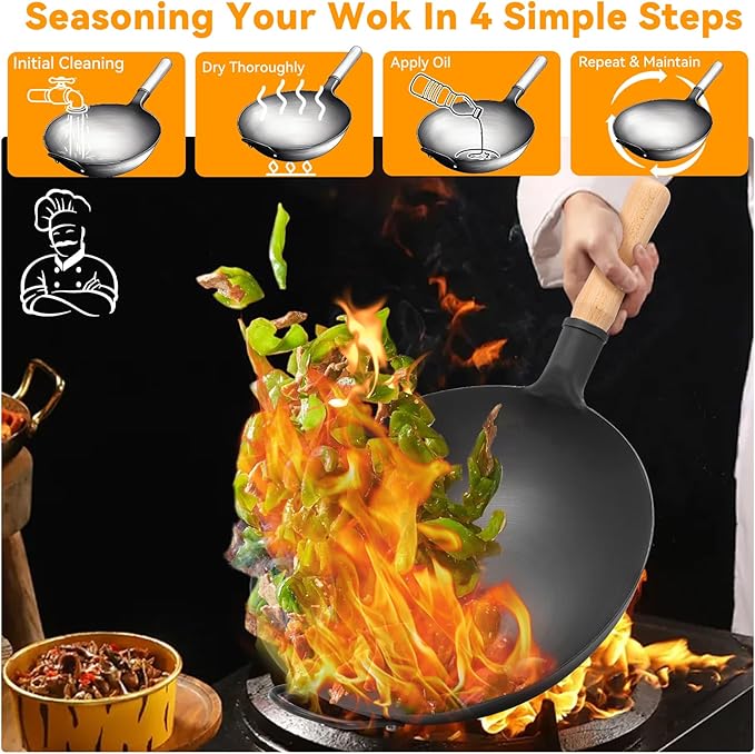 WANGYUANJI 13.4" Round-Bottom Iron Wok, Deep Chinese Stir-Fry Pan (Seasoning Required), Wok Ring Required, Not Flat-Top/Induction — No Lid, No Ring,Wooden Handle, Coating-Free
