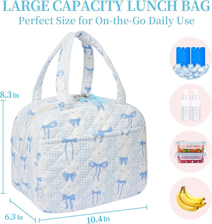 Quilted Lunch Box for Women,Lunch Box for Teen Girls,Cute Blue Bow Lunch Bags for Work, School,Office,Picnic,Travel (Blue Bow)