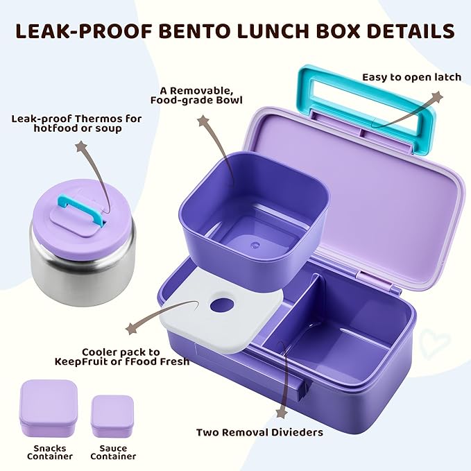 MAISON HUIS Kids Lunch Box with Thermo, Leakproof Bento Box with 8oz Insulated Food Jar, 2 Compartment Container for Back to School Girls Boys (Purple)