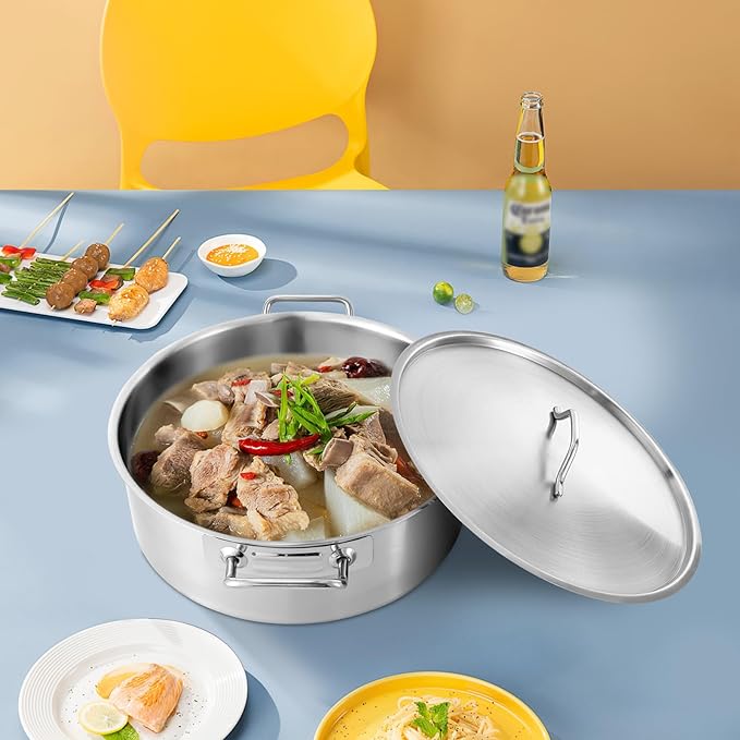 Stainless Steel Stock Pot - 11 Quart Stainless Steel Rondeau Pot w/Lid,Induction Cooking Pots,for Pasta, Soup, Spaghetti,for Canning, Boiling, Simmer, Silver