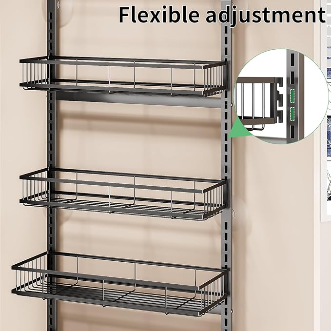 Over The Door Pantry Organizer, 8-Tier Over The Door Organizer with Adjustable Baskets, Metal Hanging Spice Rack for Pantry Organizers and Storage, Suitable for Kitchen Laundry Room & Bathroom,Black