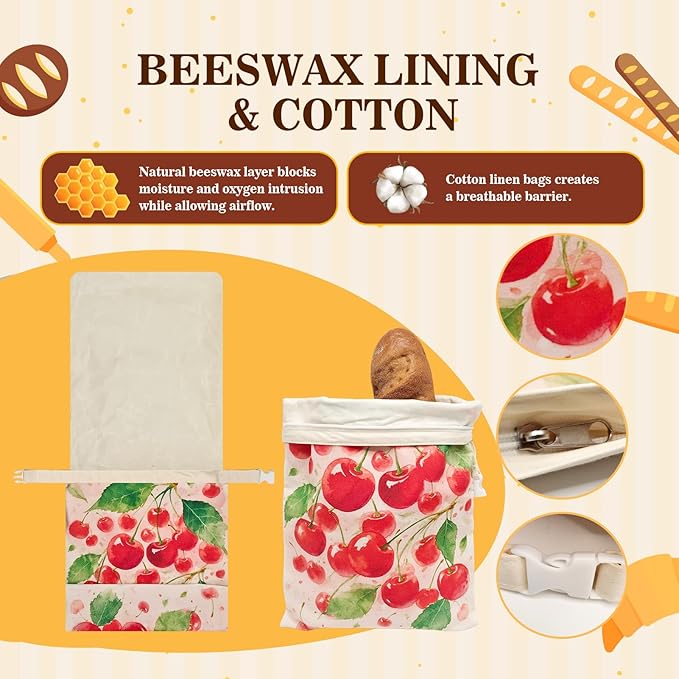 Beeswax Bread Bags for Sourdough 2 Pack 13"x17" Eco-Friendly Reusable Linen Cotton Storage Bags with Zipper Closure for Homemade Bread Fresh-Keeping, Freezer-Safe (Cherries)