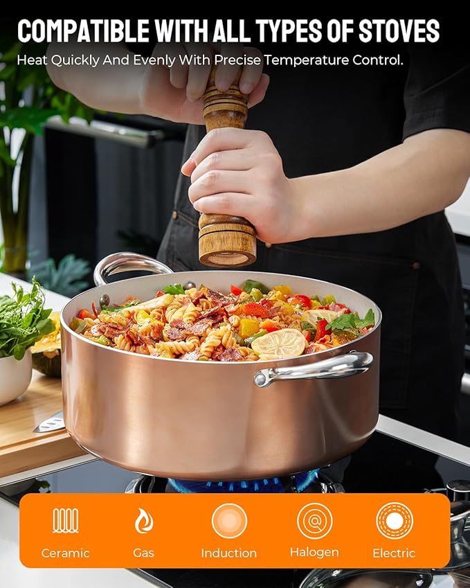 BEZIA Large 8 Quart Nonstick Cooking Pot with Lid, Induction Stock Pot, Soup Pot for All Stovetops, Non-toxic and Oven Safe, PFOA PFAS Free, Golden