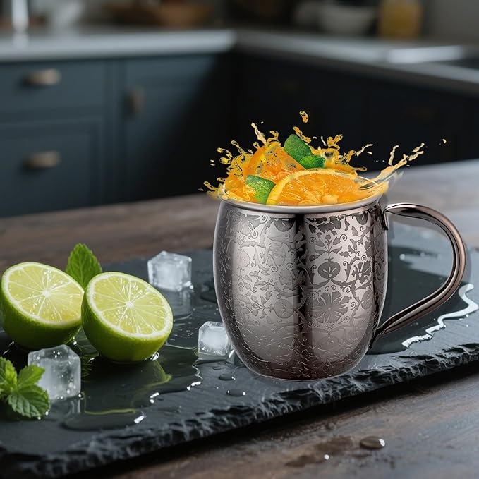Moscow Mule Mugs - 18 Oz Copper-Plated Fine Craftsmanship Etched Mugs,304 Stainless Steel-Lined Mule Cups,For Cold Drinks, Beer, Wine, Bars, Parties