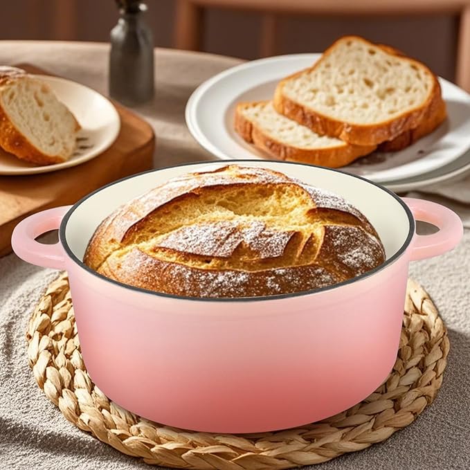 6 Quart Enameled Cast Iron Dutch Oven Pot with Lid, Oven Safe up to 500°F or on Stovetop, Non-stick Dutch Oven for Bread Baking, Cooking, Dual Handles Cookware, Pink