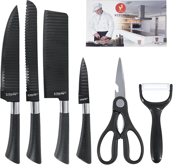 6pcs Stainless Steel Kitchen Knife Set, Nonstick Ceramic Coating Wave Blade, Rustproof Sharp Chef Knife for Cooking Restaurant