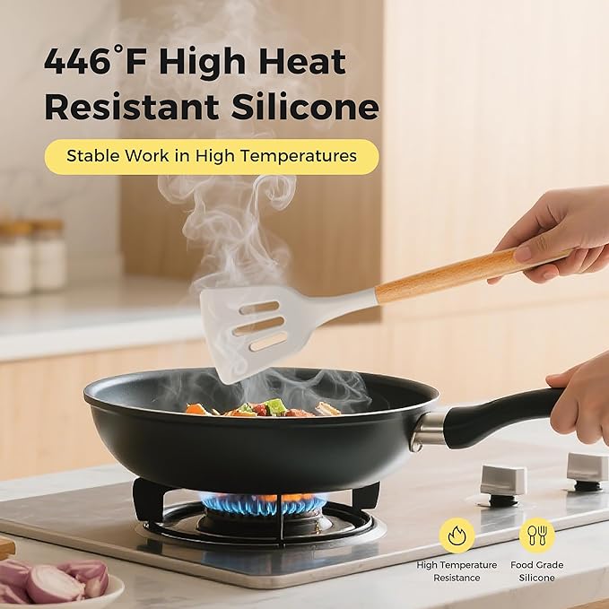 Kitchen Utensils Set with Wooden Handle, 26 Pieces Heat Resistance Silicone Cooking Utensils Set with Holder, Food Grade Non-Stick Silicone Spatula, Kitchen Set for Cooking (Khaki)