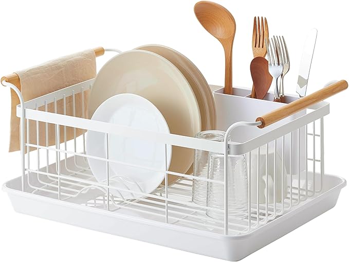 Yamazaki Home Dish Drying Rack – Modern White Dish Rack for Kitchen Counter with Removable Drainer Tray and Cutlery Holder, Steel + Wood Dish Drying Organizer, Small Space-Saving Design