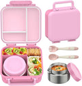 Bento Lunch Box for Kids with 9oz Thermo, Leak-proof Lunch Containers with 3 Compartments,Kids-friendly Size,Durable/Dishwasher Safe Lunch Box for School Outdoors-Pink