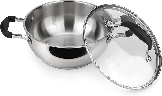 AVACRAFT 18/10 Stainless Steel Everyday Pan, Stir Fry Pan with Five-Ply Base, Chef’s Pan with Glass Lid, Multipurpose Stewpot Skillet, Saute Pan, Casserole in Pots and Pans (8 inch)