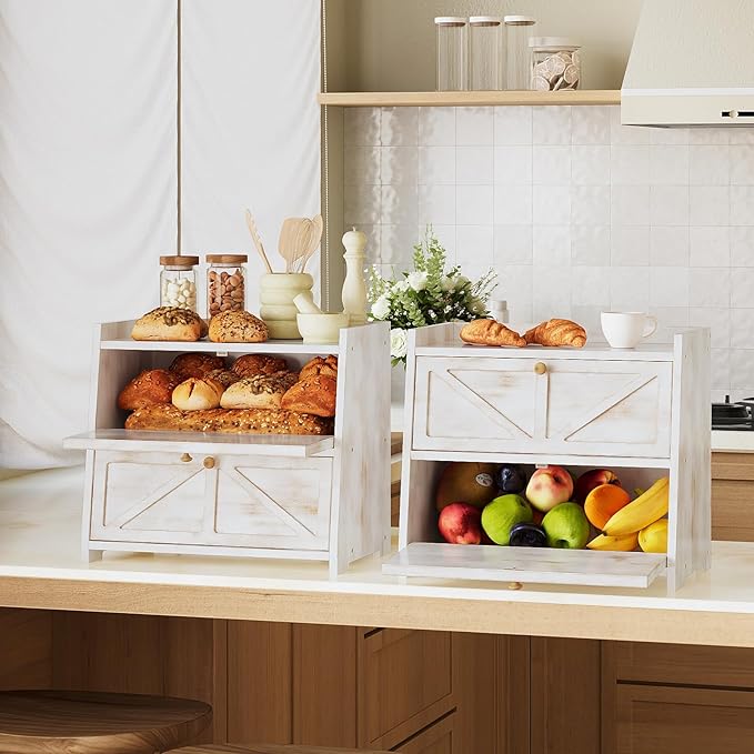 Vintage Double Layer Bread Box for Kitchen Counter Bamboo Bread Storage Container Large Capacity Bread Storage Bin (Antique White)
