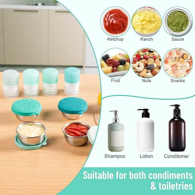 8-Pack Salad Dressing Container To Go, 1-oz Silicone Small Condiment Squeeze Bottles and 1.6 oz Stainless Steel Sauce Containers Cups, Leakproof Condiment Containers with Lids for Lunch Box
