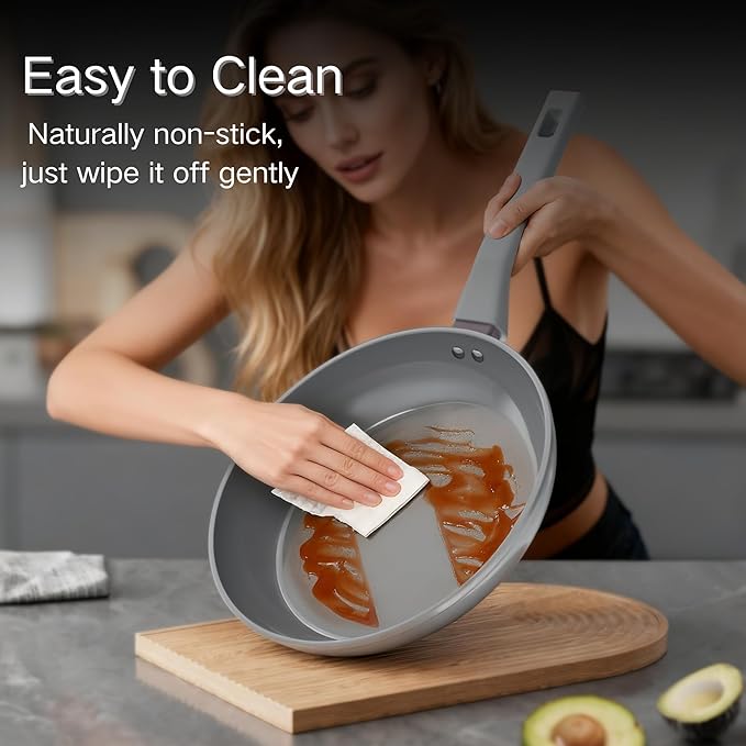 Sanho Ceramic Frying Pan Set, 8 & 10 Inch Non Toxic Non Stick Cookware Set, PFAS & PFOA Free, Induction Safe Pan, Dishwasher Safe, Gray